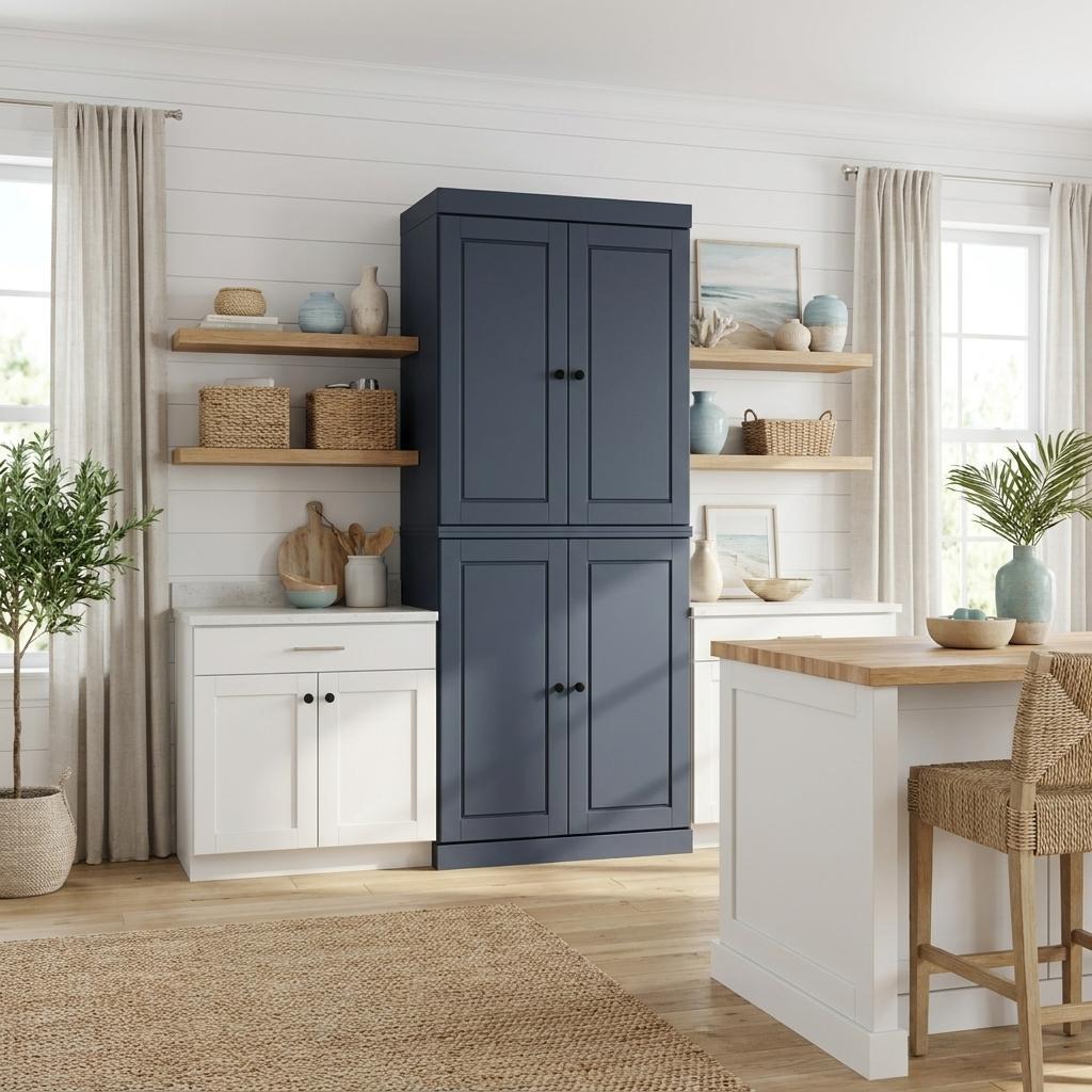 French Blue Solid Wood Four Door Two Drawer Pantry or Storage Closet - 72-inch