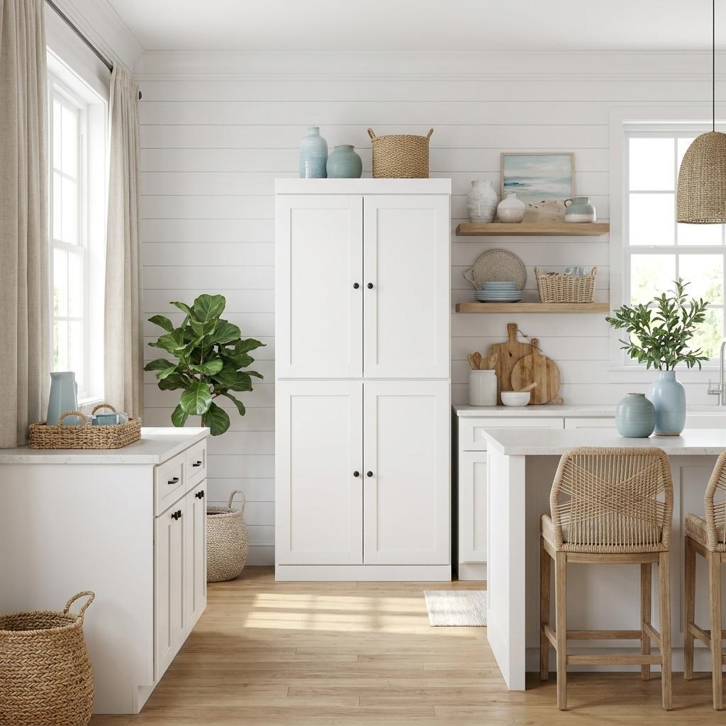 White Solid Wood Four Door Two Drawer Pantry or Storage Closet - 72-inch