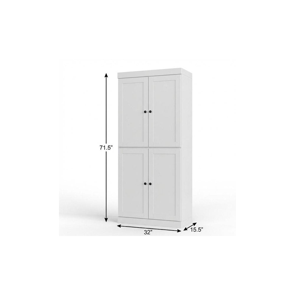 White Solid Wood Four Door Two Drawer Pantry or Storage Closet - 72-inch