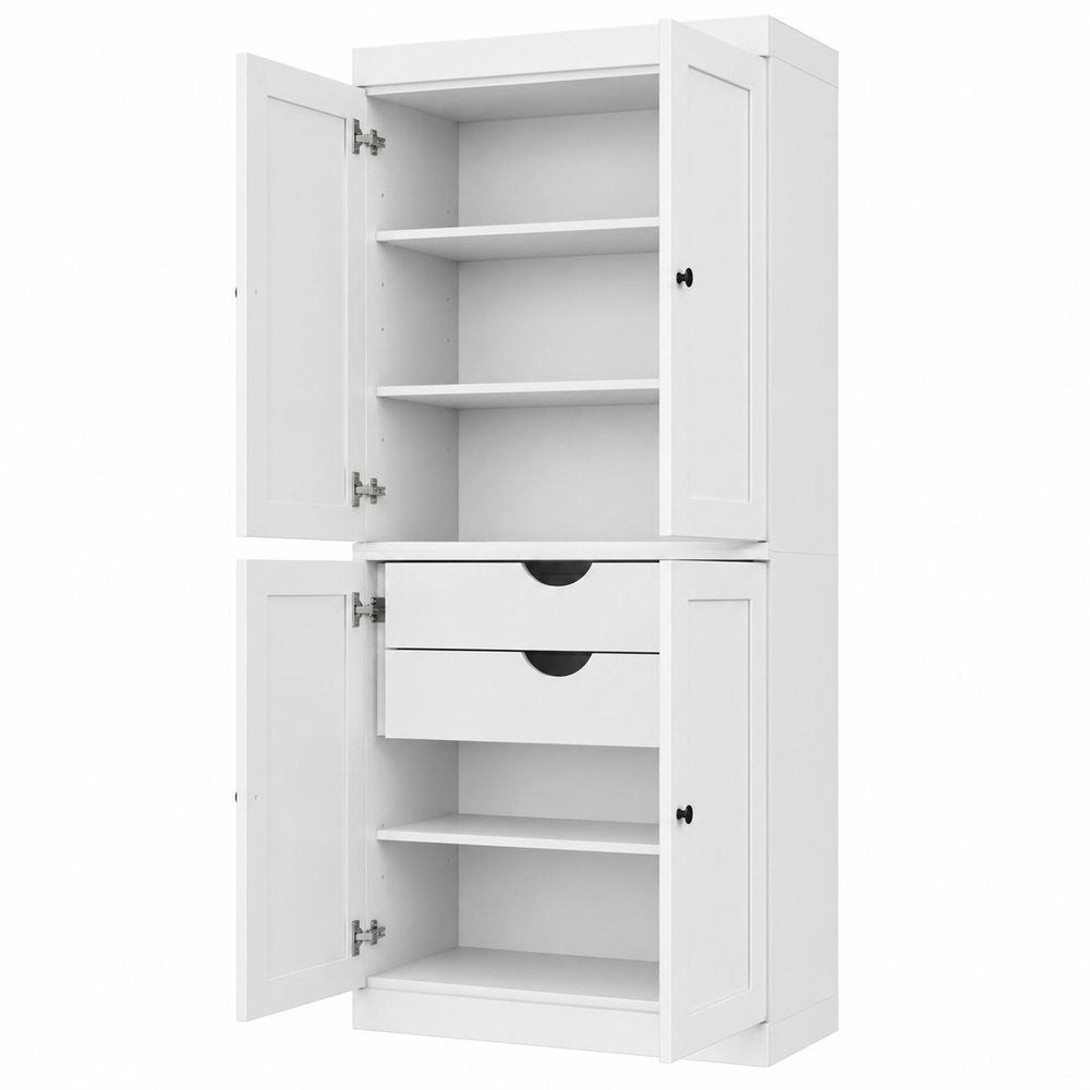 White Solid Wood Four Door Two Drawer Pantry or Storage Closet - 72-inch