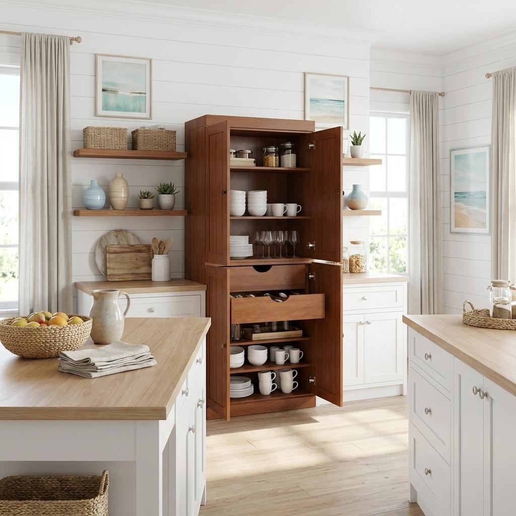 Coffee Solid Wood Four Door Two Drawer Pantry or Storage Closet - 72-inch