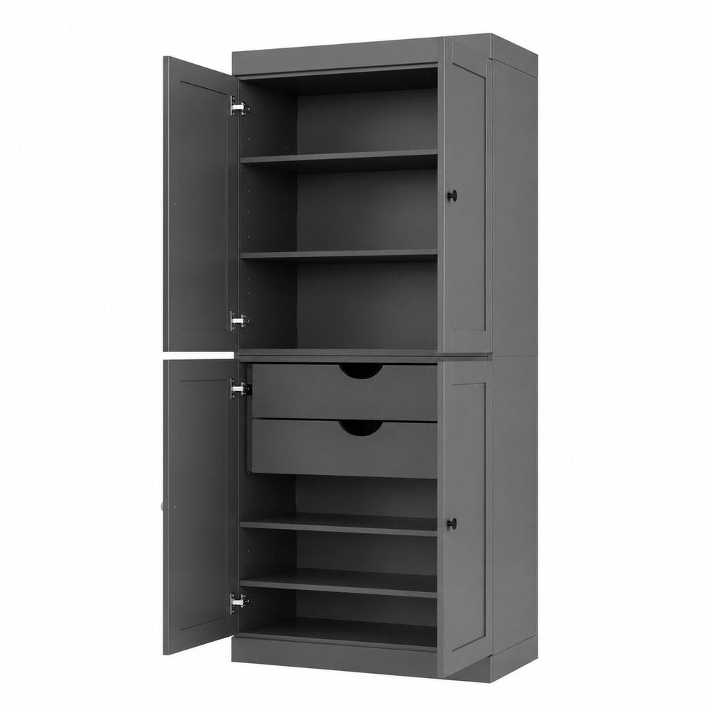 Gray Solid Wood Four Door Two Drawer Pantry or Storage Closet - 72-inch