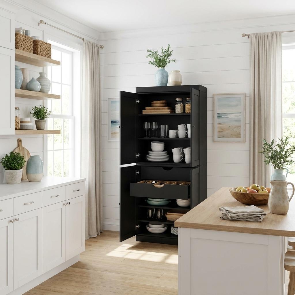 Black Solid Wood Four Door Two Drawer Pantry or Storage Closet - 72-inch