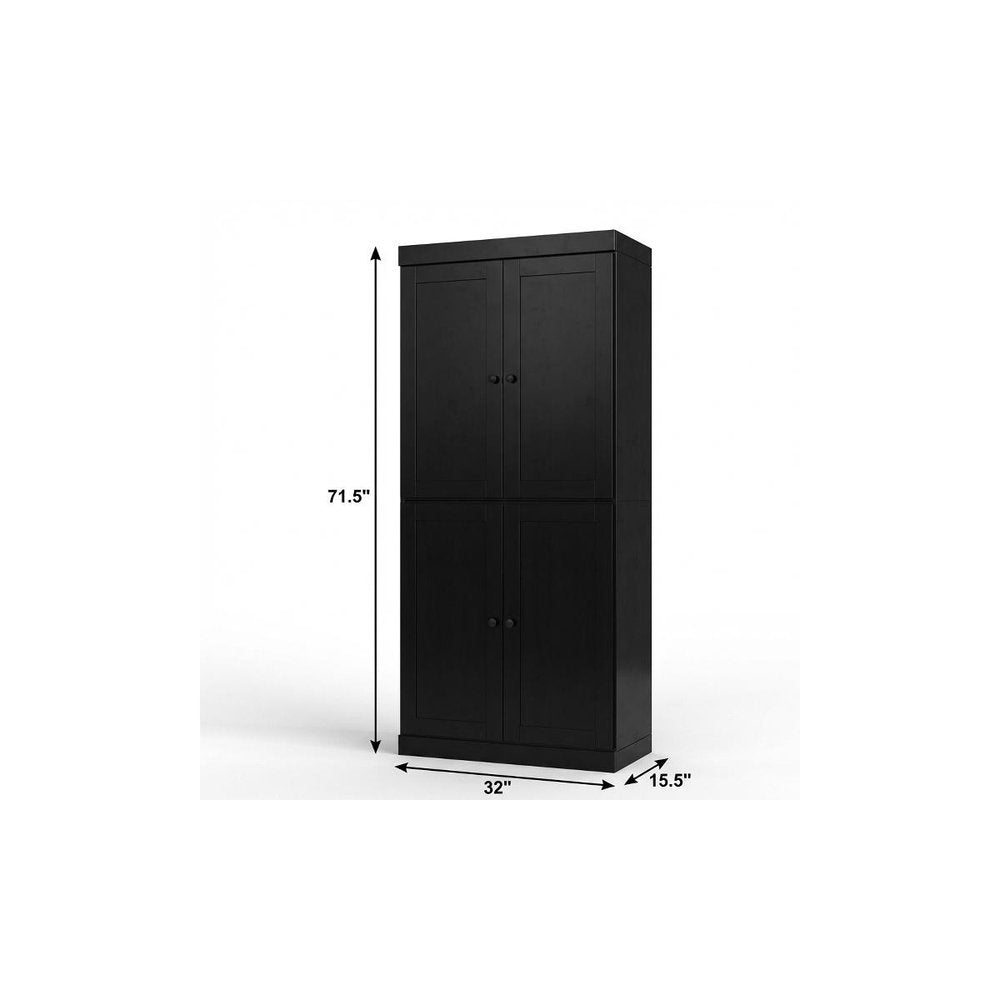 Black Solid Wood Four Door Two Drawer Pantry or Storage Closet - 72-inch