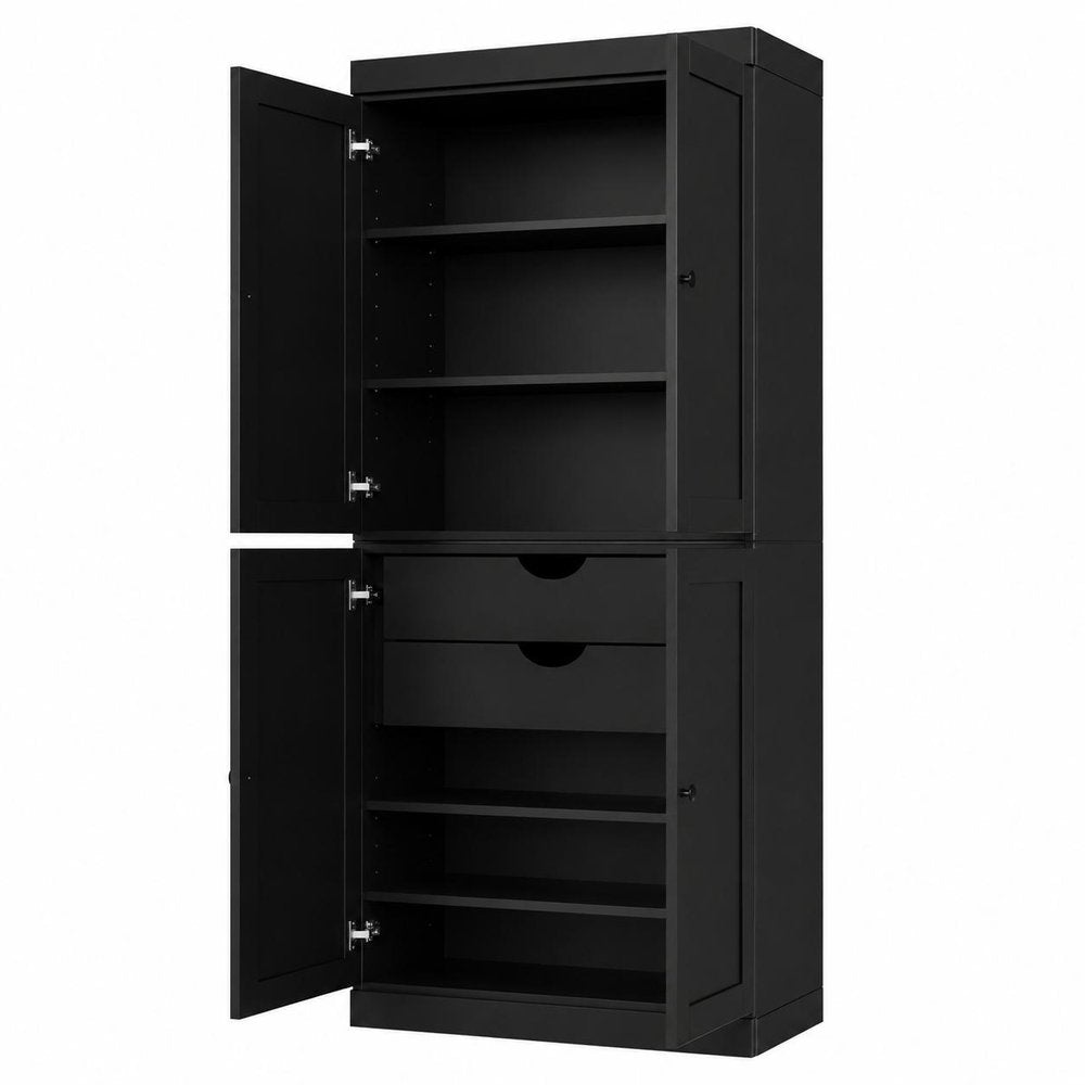 Black Solid Wood Four Door Two Drawer Pantry or Storage Closet - 72-inch