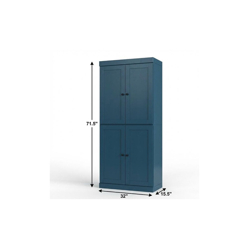 Teal Blue Solid Wood Four Door Two Drawer Pantry or Storage Closet - 72-inch