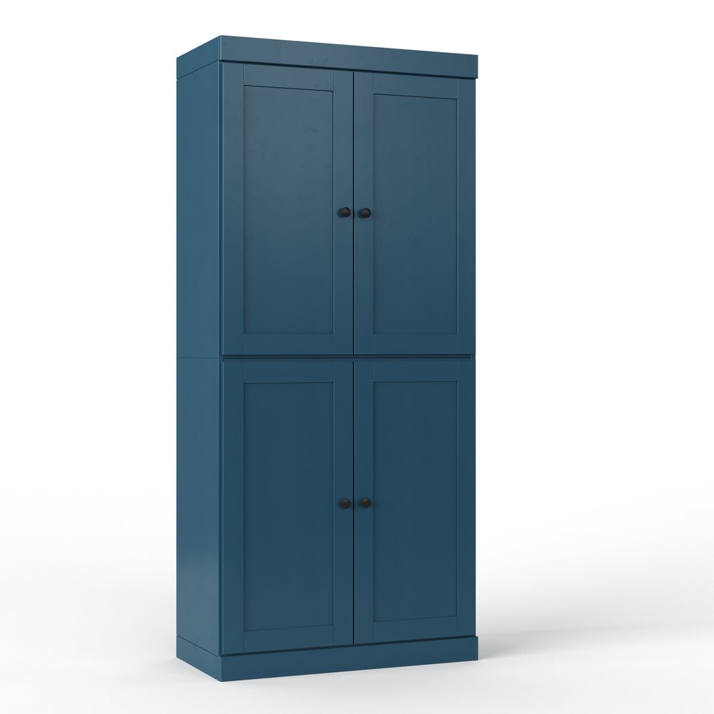 Teal Blue Solid Wood Four Door Two Drawer Pantry or Storage Closet - 72-inch
