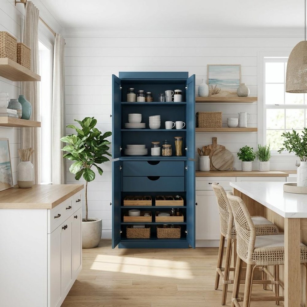 Teal Blue Solid Wood Four Door Two Drawer Pantry or Storage Closet - 72-inch