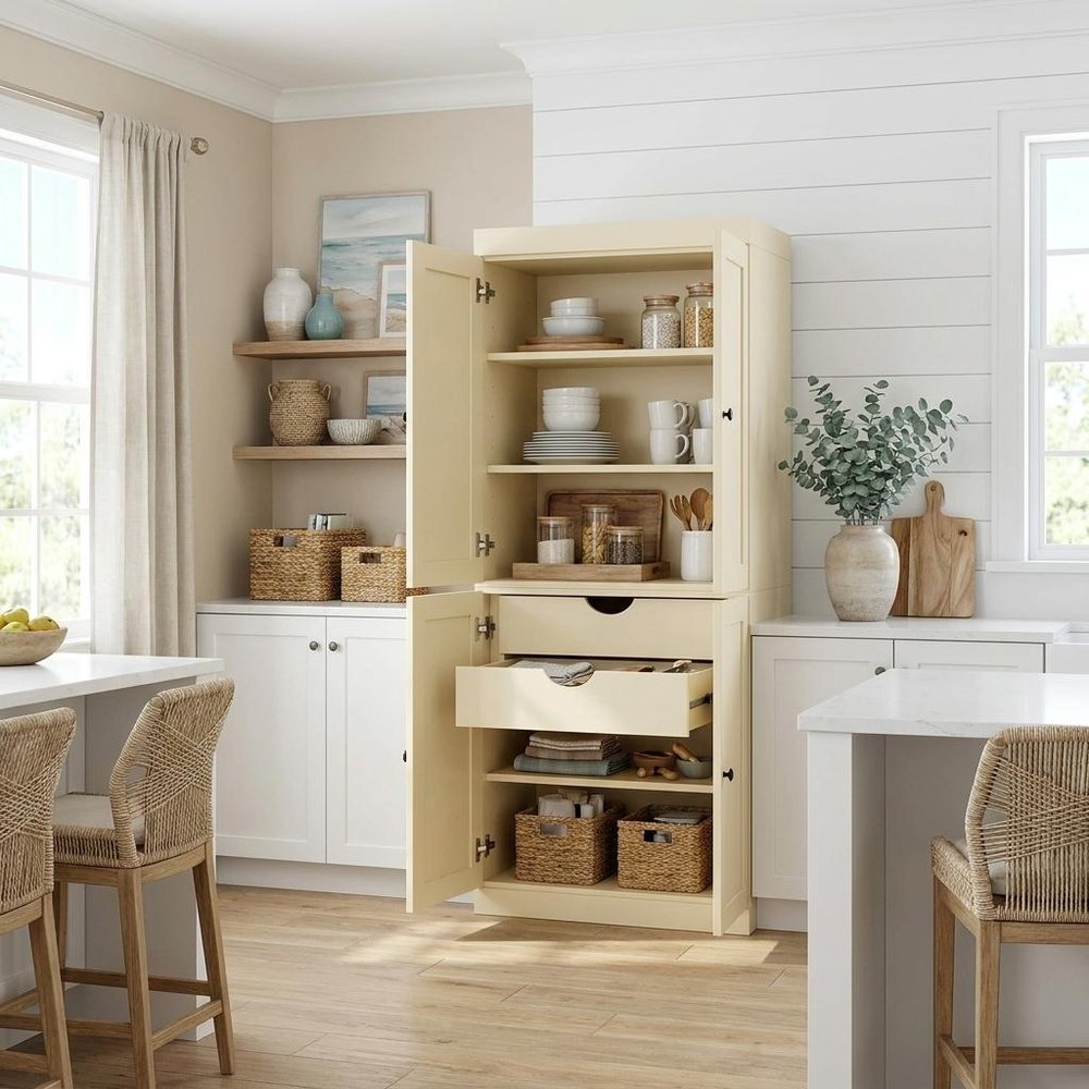 Yellow Solid Wood Four Door Two Drawer Pantry or Storage Closet - 72-inch