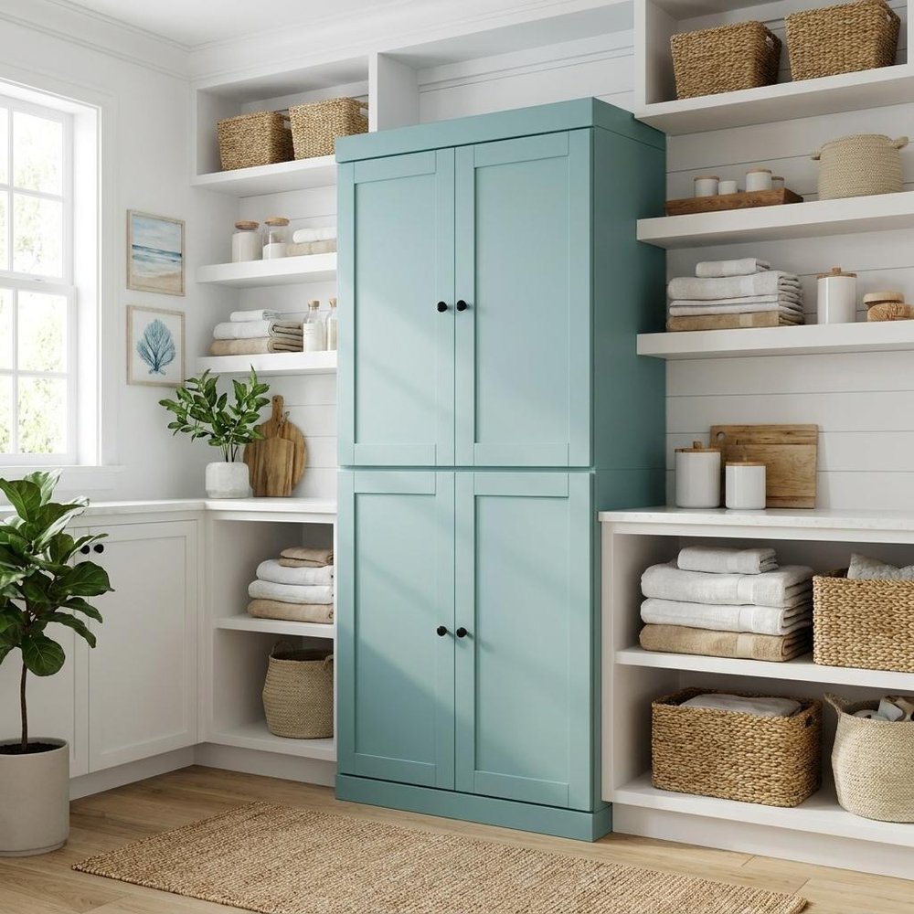 Aqua Solid Wood Four Door Two Drawer Pantry or Storage Closet - 72-inch