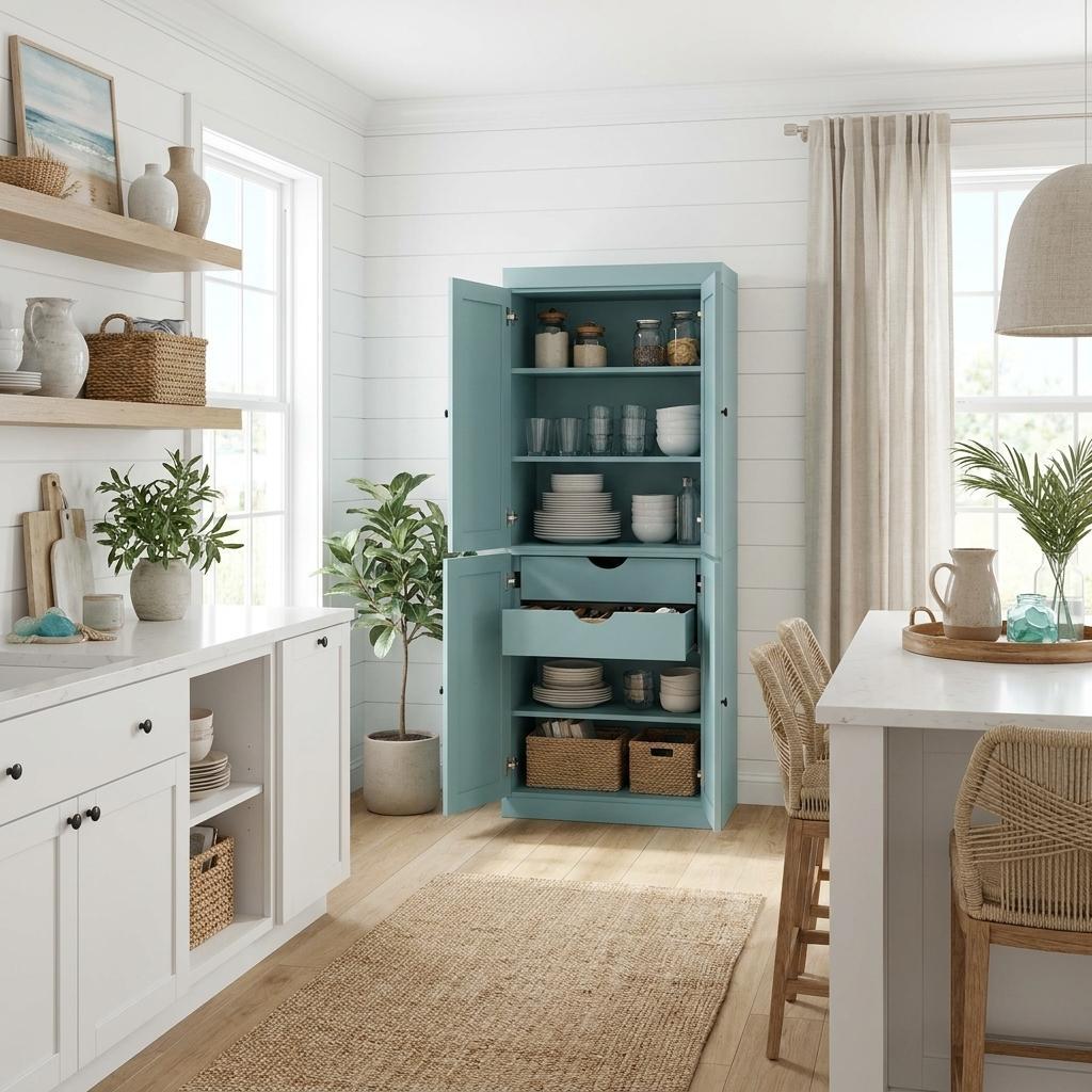 Aqua Solid Wood Four Door Two Drawer Pantry or Storage Closet - 72-inch