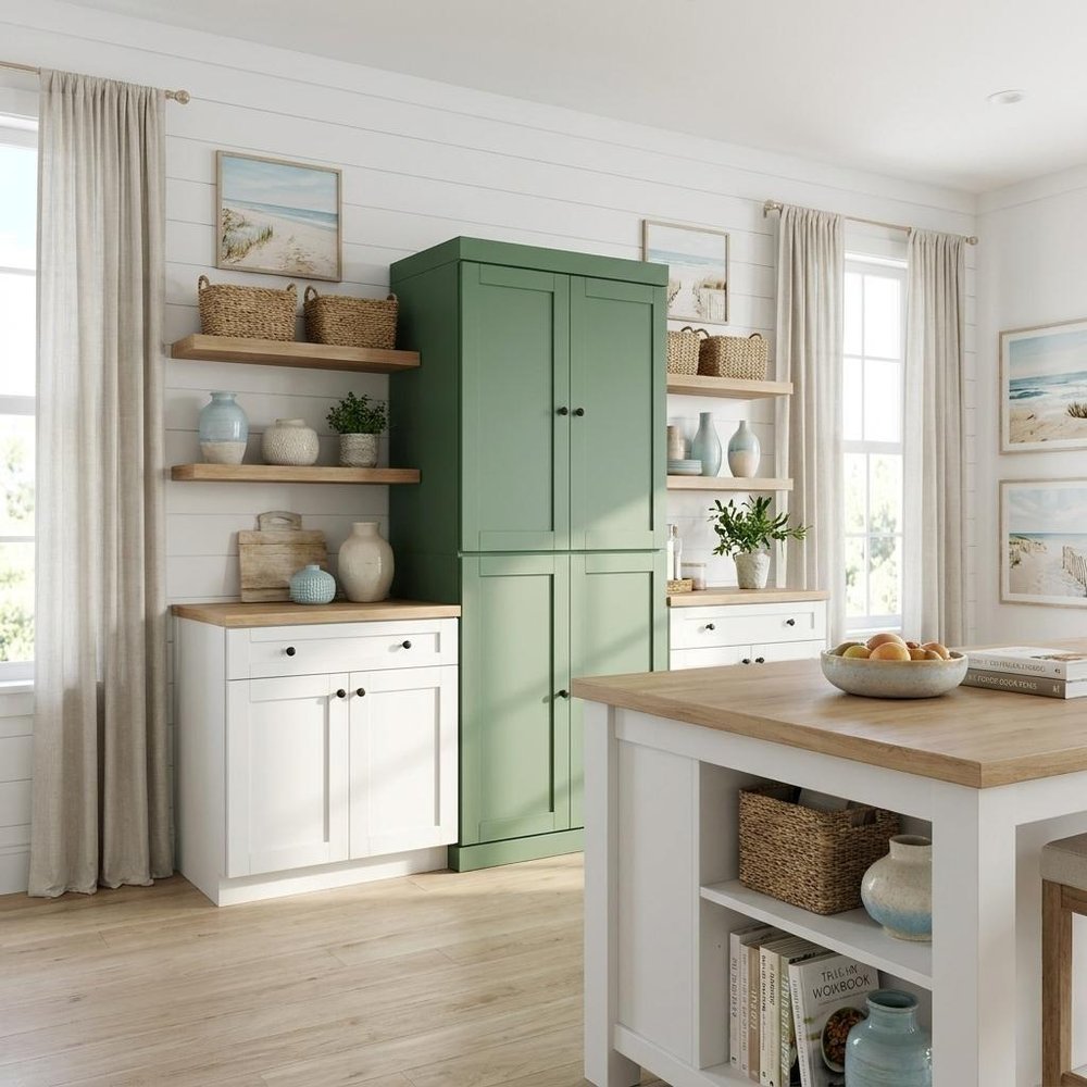 Green Solid Wood Four Door Two Drawer Pantry or Storage Closet - 72-inch