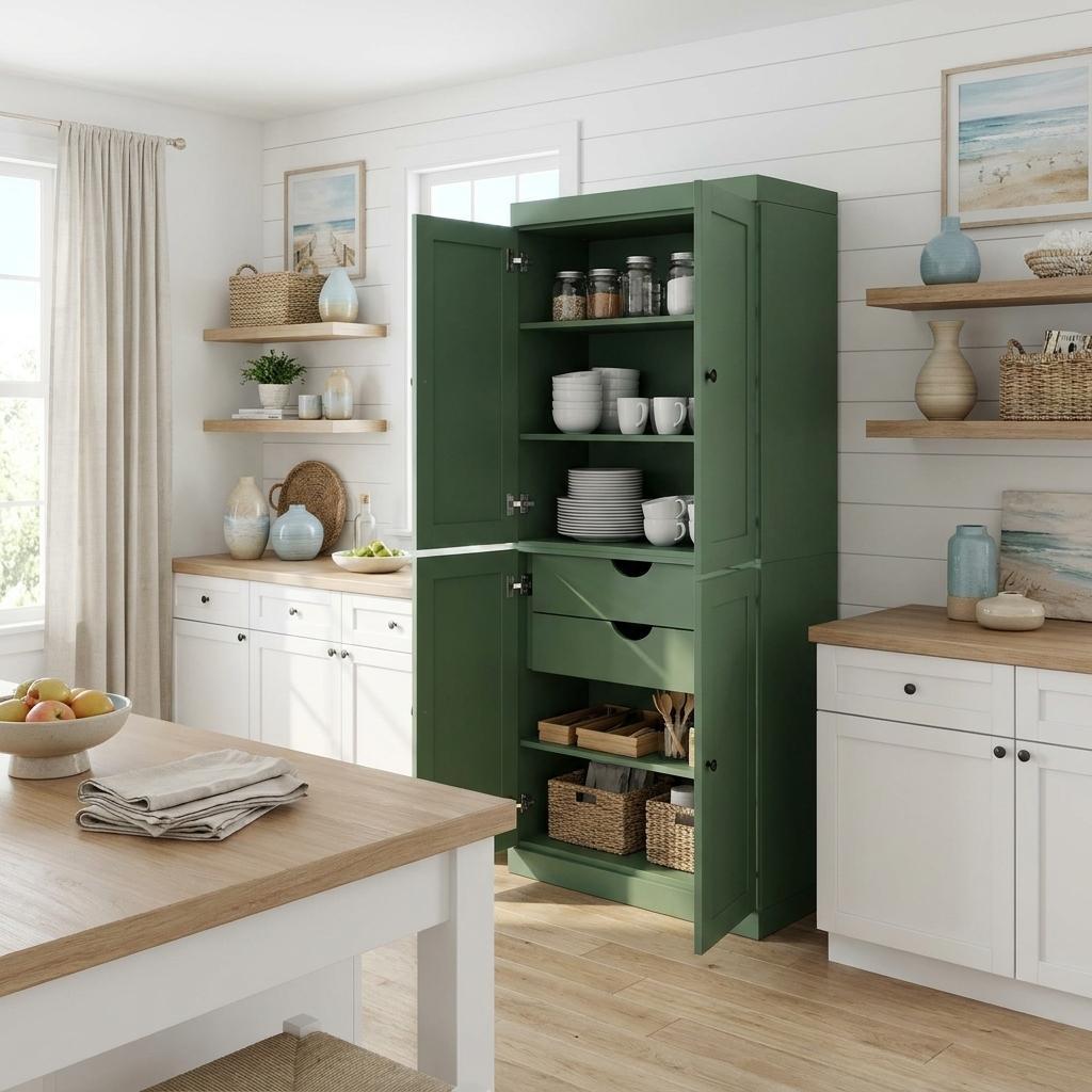 Green Solid Wood Four Door Two Drawer Pantry or Storage Closet - 72-inch