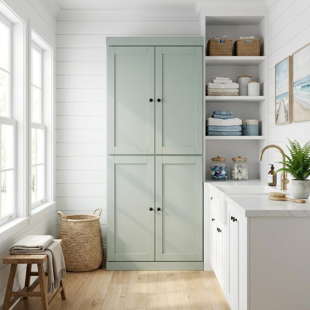 Sage Solid Wood Four Door Two Drawer Pantry or Storage Closet - 72-inch