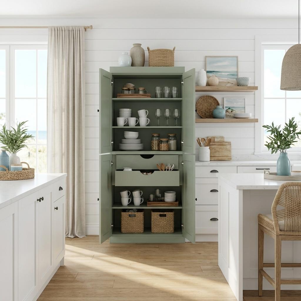 Sage Solid Wood Four Door Two Drawer Pantry or Storage Closet - 72-inch