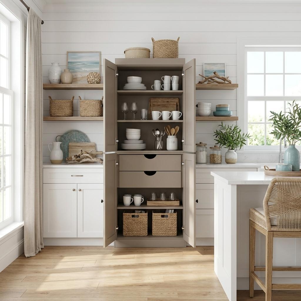 Beige Solid Wood Four Door Two Drawer Pantry or Storage Closet - 72-inch