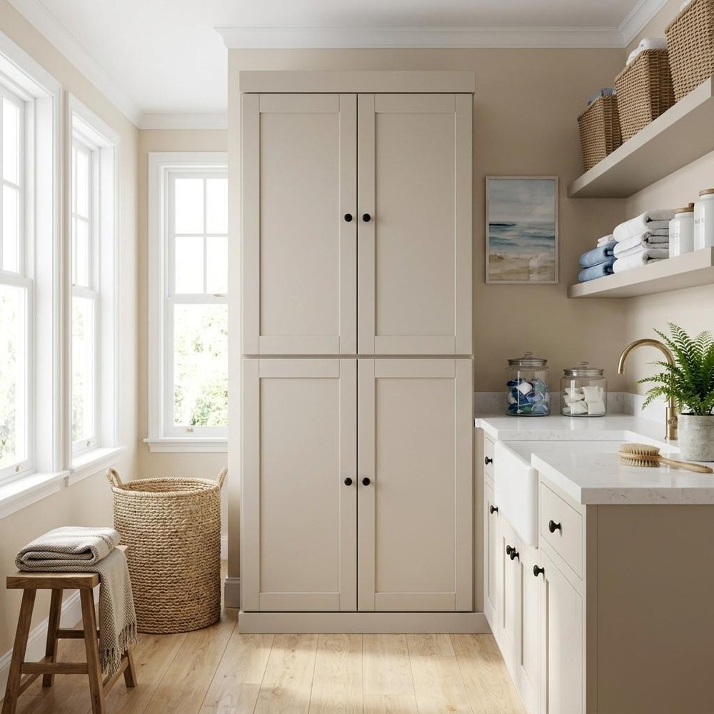 Beige Solid Wood Four Door Two Drawer Pantry or Storage Closet - 72-inch