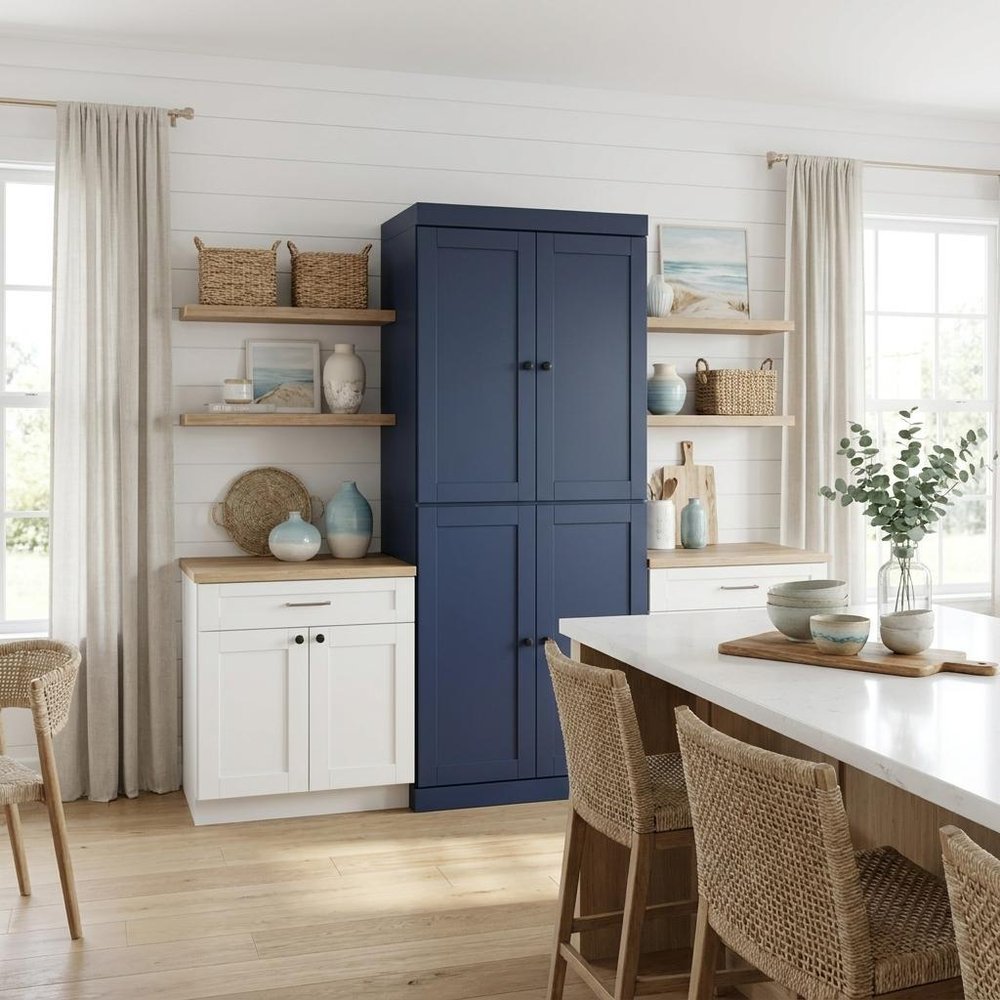 Navy Blue Solid Wood Four Door Two Drawer Pantry or Storage Closet - 72-inch