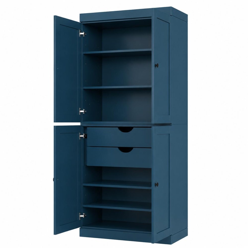 Navy Blue Solid Wood Four Door Two Drawer Pantry or Storage Closet - 72-inch