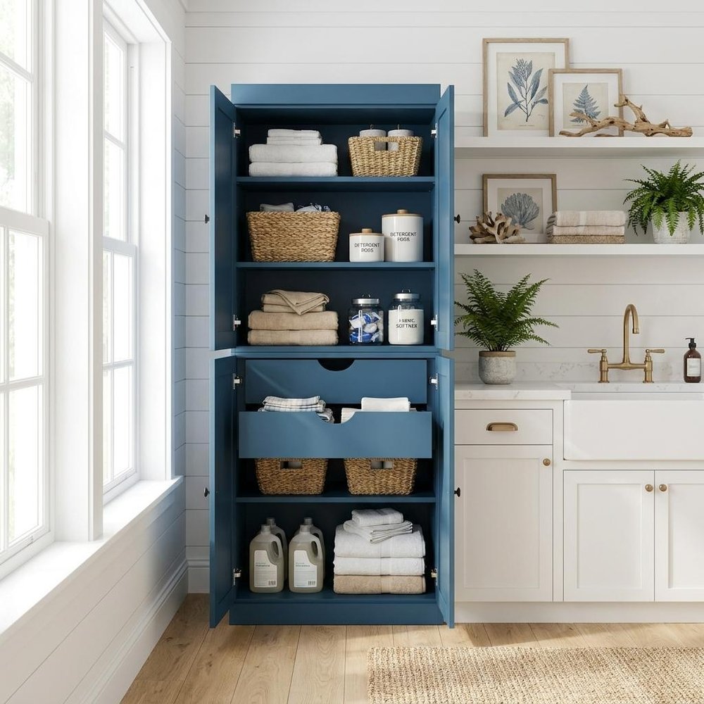 Navy Blue Solid Wood Four Door Two Drawer Pantry or Storage Closet - 72-inch