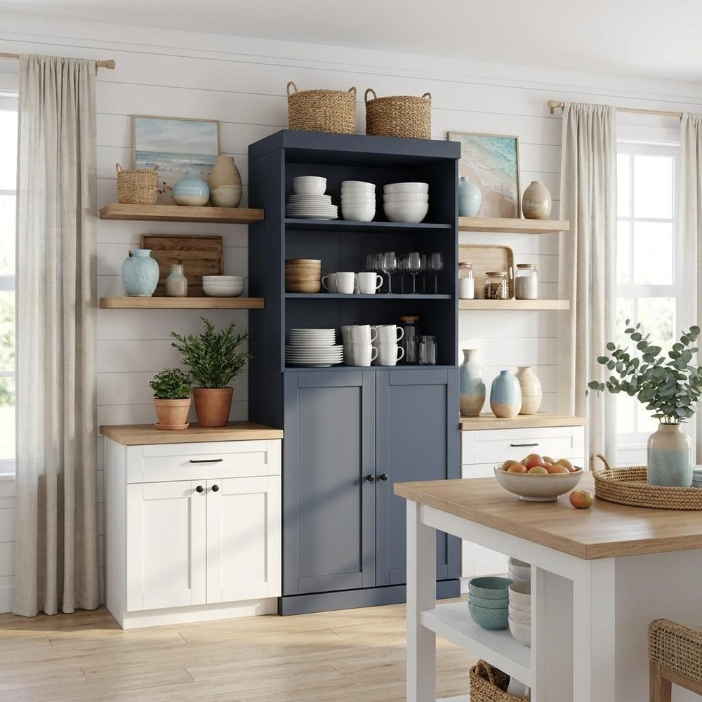 French Blue Solid Wood Four Door Two Drawer Pantry or Storage Closet - 72-inch