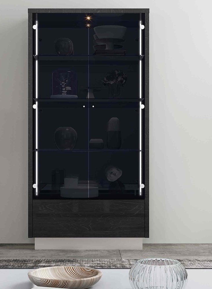 Dark Gray Wood Display Cabinet with LED with Two Doors and One Drawer - 41-inch