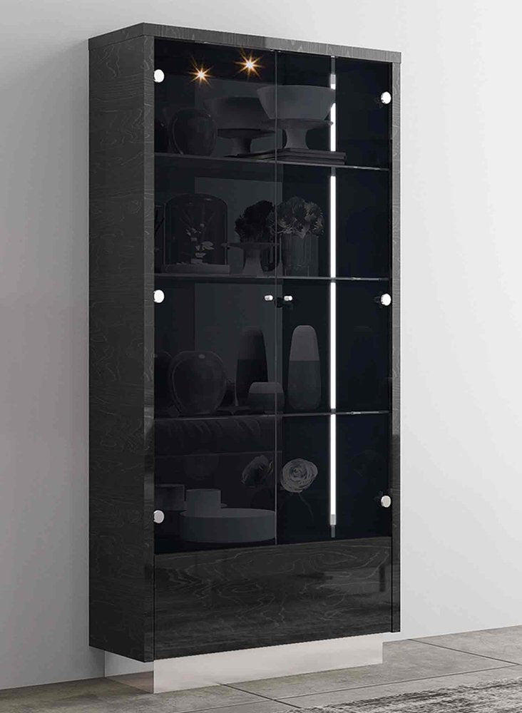 Dark Gray Wood Display Cabinet with LED with Two Doors and One Drawer - 41-inch