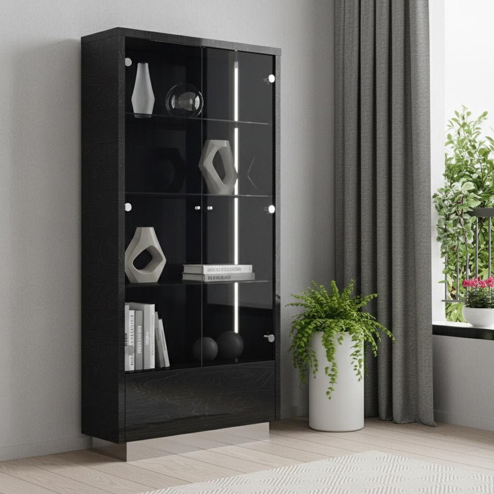 Dark Gray Wood Display Cabinet with LED with Two Doors and One Drawer - 41-inch