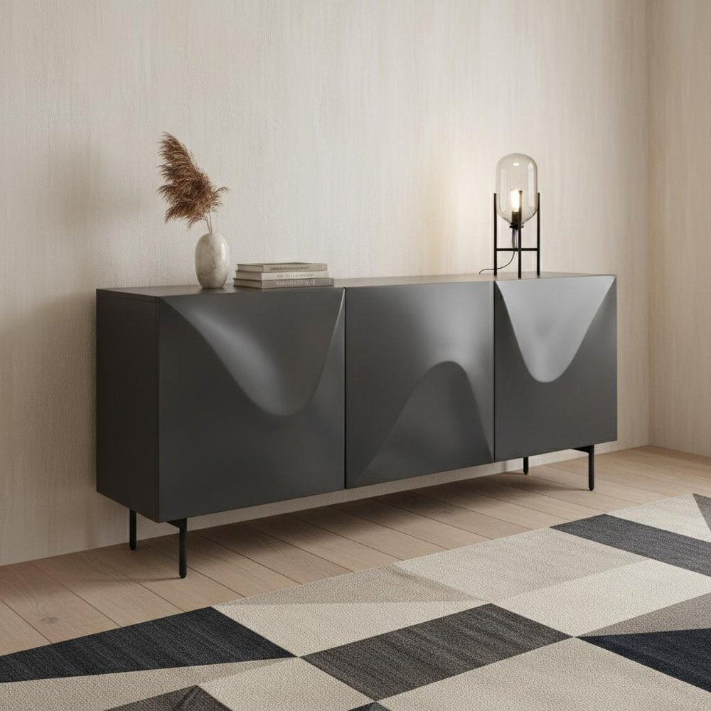 Dark Gray Wood Carved Abstract Sideboard with Three Doors - 71-inch
