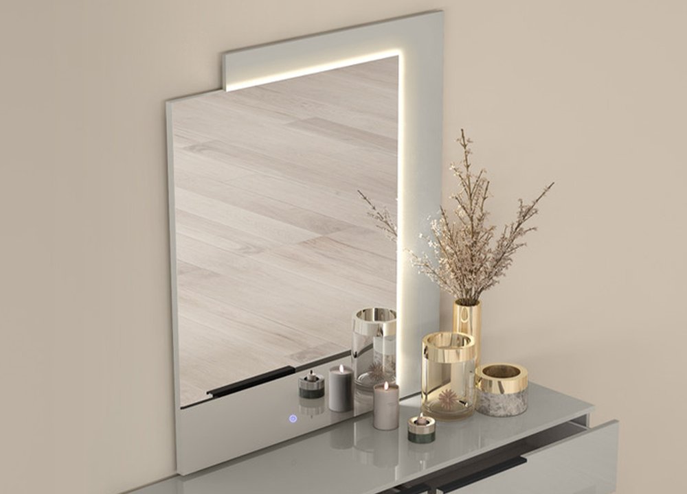 Light Gray Wood Lighted Wall Mounted and Dresser Mount Geometric Framed Dresser Mirror