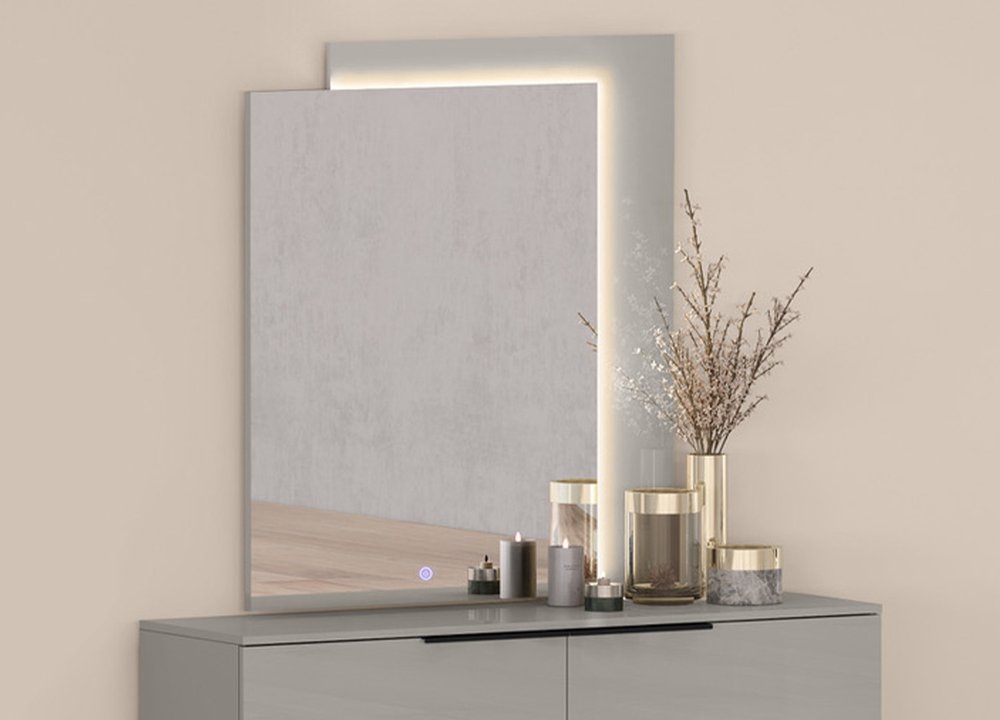 Light Gray Wood Lighted Wall Mounted and Dresser Mount Geometric Framed Dresser Mirror