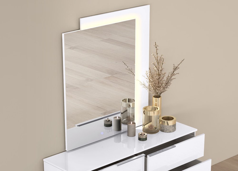 White Wood Lighted Wall Mounted and Dresser Mount Geometric Framed Dresser Mirror