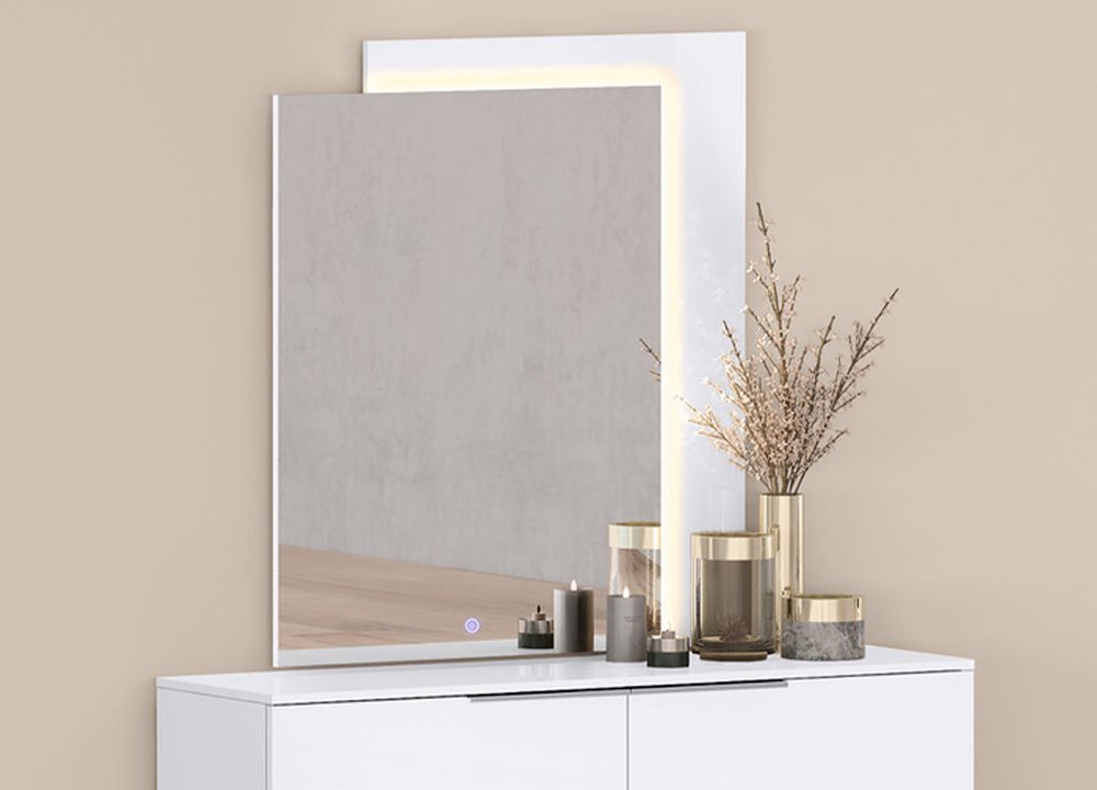 White Wood Lighted Wall Mounted and Dresser Mount Geometric Framed Dresser Mirror