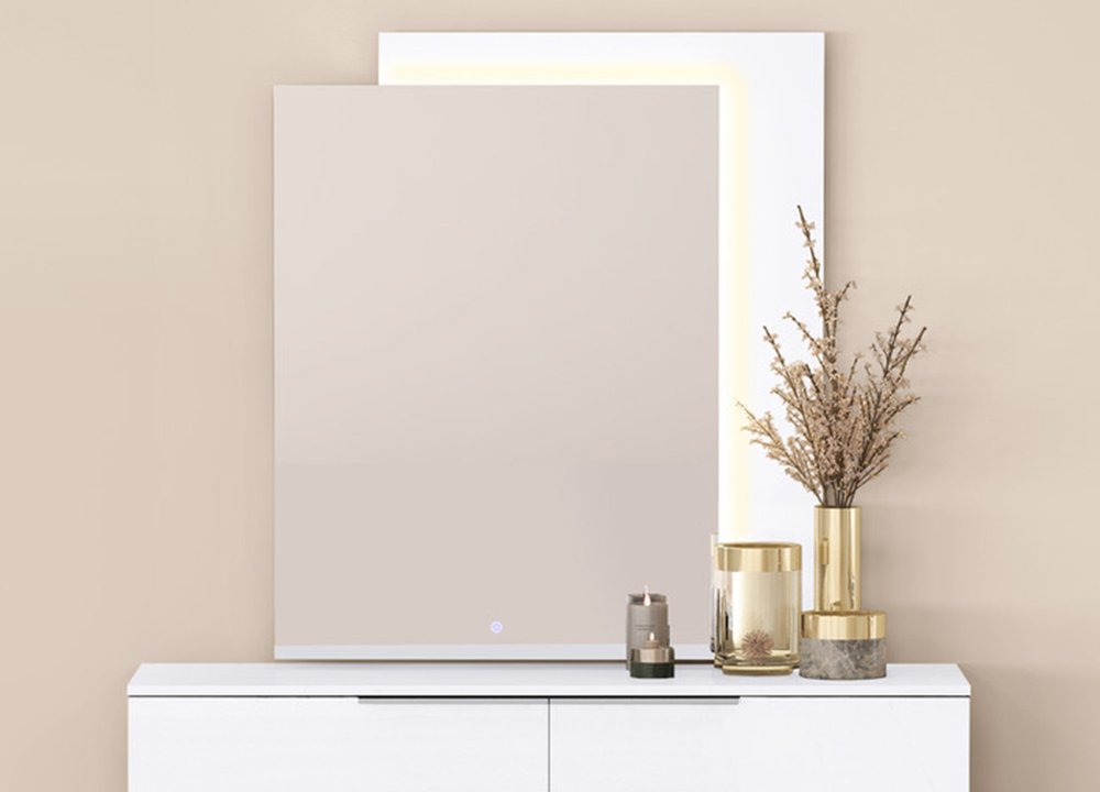 White Wood Lighted Wall Mounted and Dresser Mount Geometric Framed Dresser Mirror