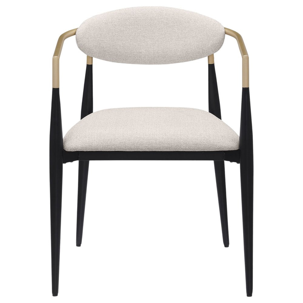 Set of Two Beige Gold and Black Fabric Partially Open Back Dining Arm Chairs