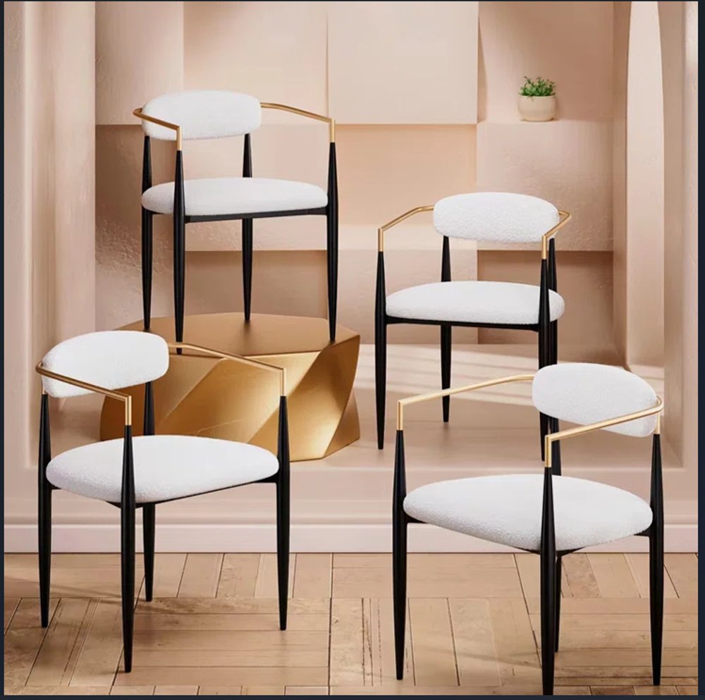 Set of Two Beige Gold and Black Fabric Partially Open Back Dining Arm Chairs