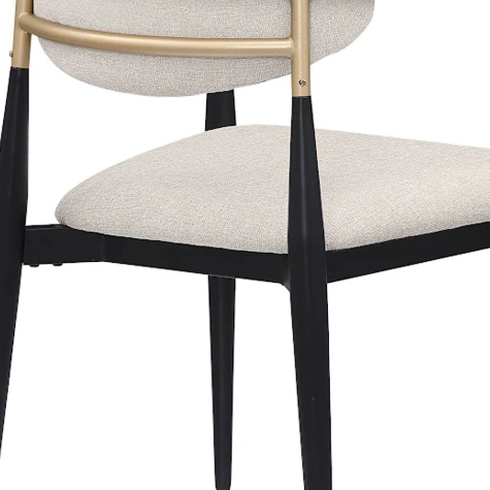Set of Two Beige Gold and Black Fabric Partially Open Back Dining Arm Chairs