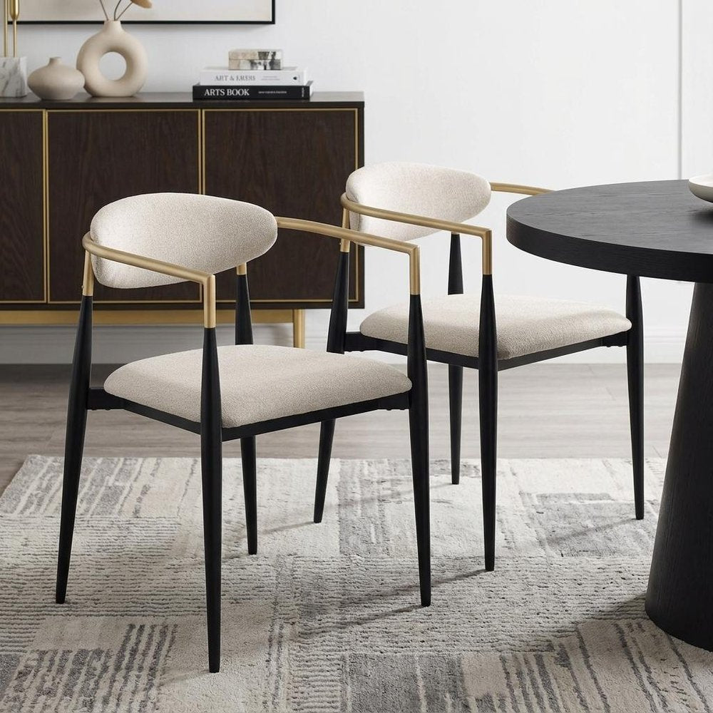 Set of Two Beige Gold and Black Fabric Partially Open Back Dining Arm Chairs