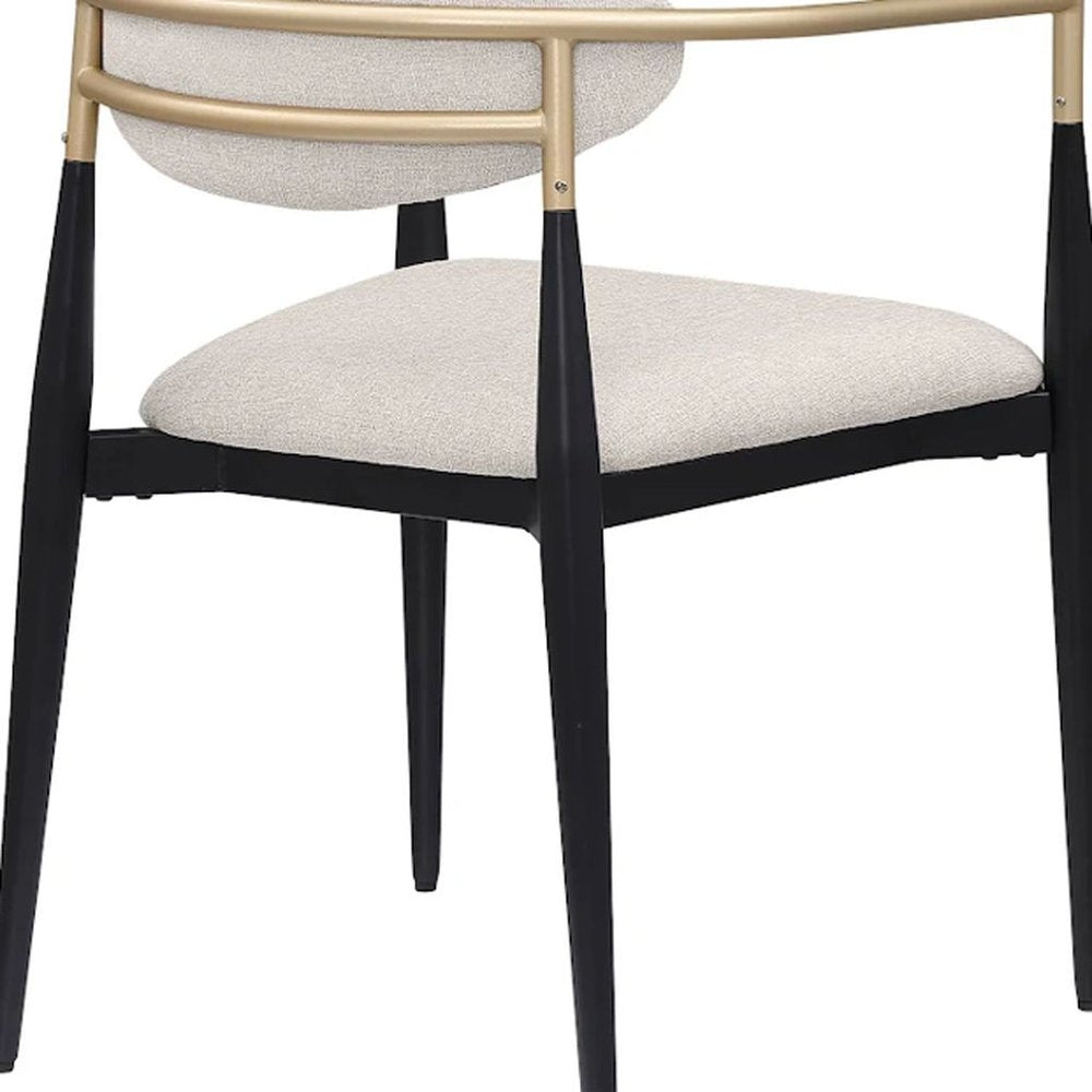 Set of Two Beige Gold and Black Fabric Partially Open Back Dining Arm Chairs