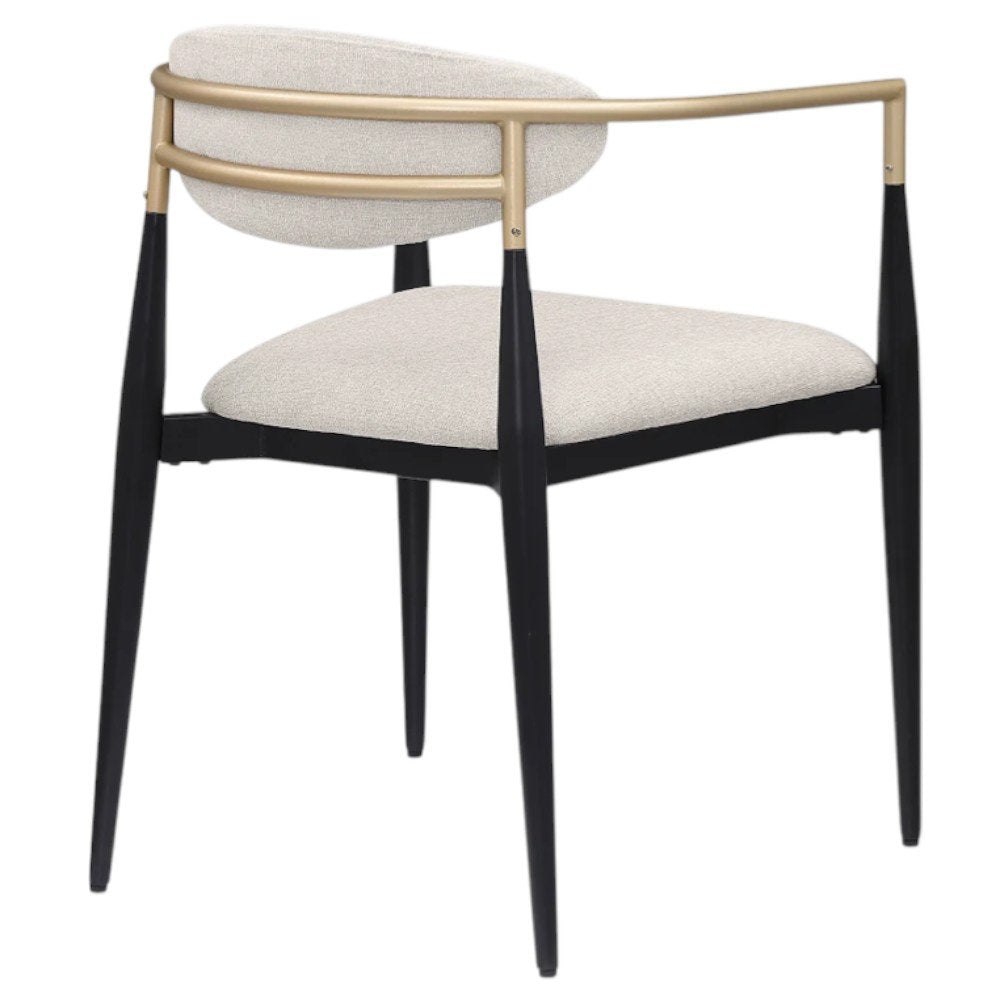 Set of Two Beige Gold and Black Fabric Partially Open Back Dining Arm Chairs