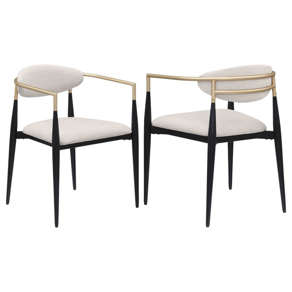 Set of Two Beige Gold and Black Fabric Partially Open Back Dining Arm Chairs