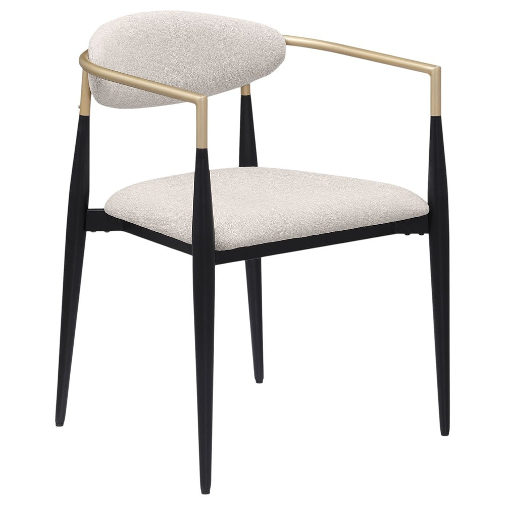 Set of Two Beige Gold and Black Fabric Partially Open Back Dining Arm Chairs