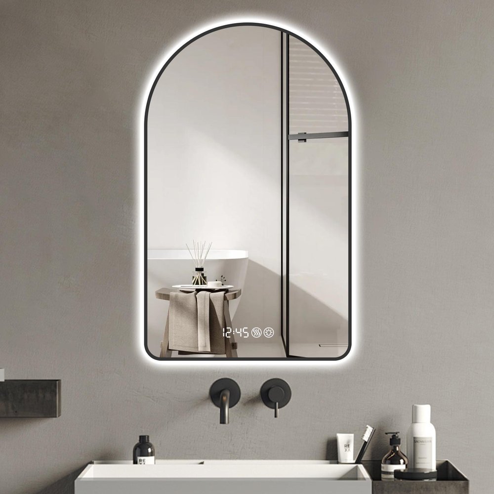 Black Aluminum Arch Lighted Framed Anti Fog Bathroom Vanity Mirror - 48-inch