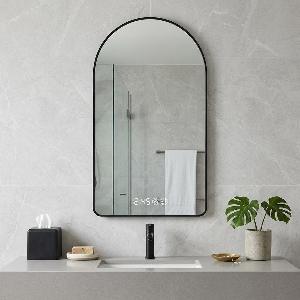 Black Aluminum Arch Lighted Framed Anti Fog Bathroom Vanity Mirror - 59-inch