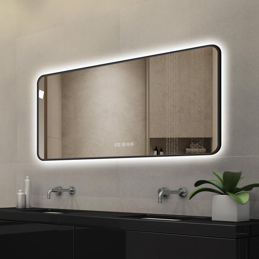 Black Aluminum Lighted Framed Anti Fog Bathroom Vanity Mirror - 24-inch
