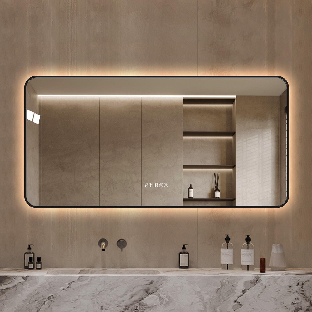 Black Aluminum Lighted Framed Anti Fog Bathroom Vanity Mirror - 24-inch