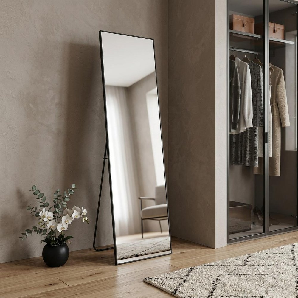 Black Aluminum Freestanding and Wall Mounted Framed Full Length Mirror - 59-inch