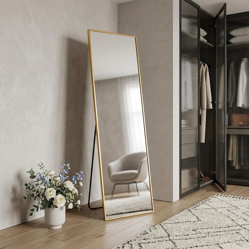 Gold Aluminum Freestanding and Wall Mounted Framed Full Length Mirror - 64-inch