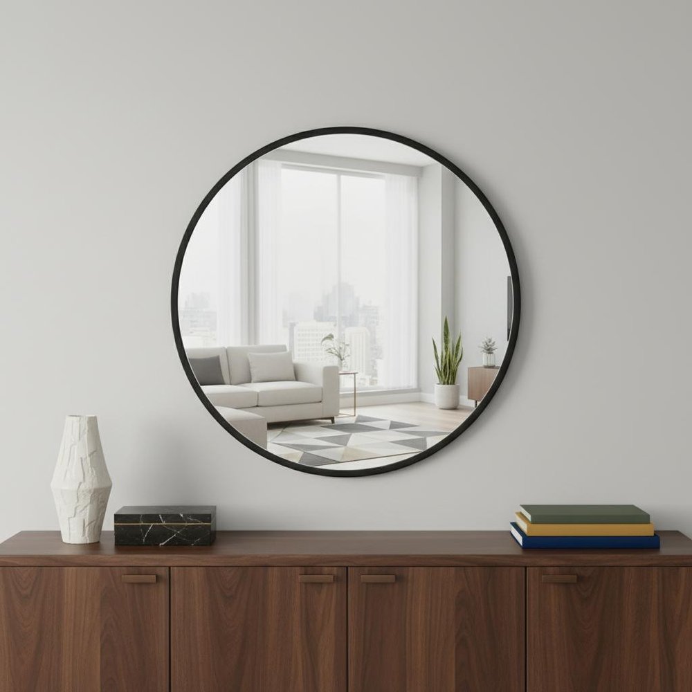Black Aluminum Round Framed Accent Mirror - 20-inch