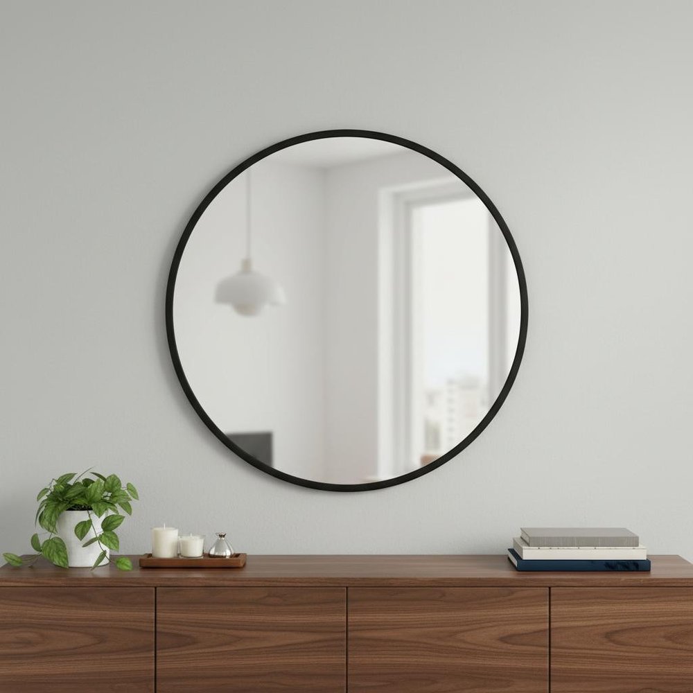 Black Aluminum Round Framed Accent Mirror - 30-inch